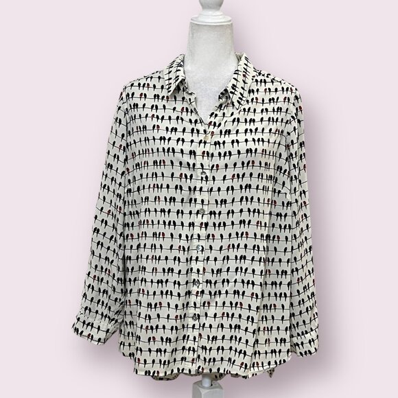 Jane and Delancey Women’s Button Down Top Size 1X Bird Print Long Sleeve Blouse - Picture 1 of 9